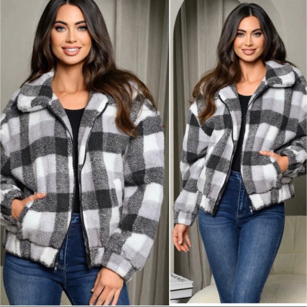 Thick plaid black grey women’s warm lined bomber zippered jacket - Picture 2 of 3